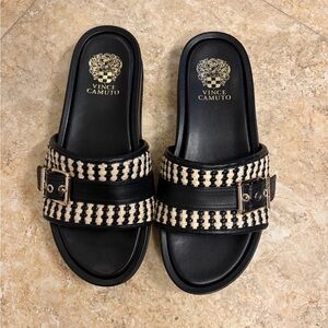 Vince Camuto Black and Cream Woven Slide Sandals